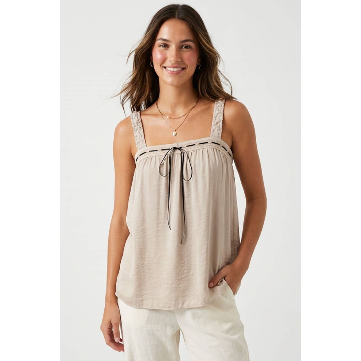 Contrast Stitch Tie Front Top
