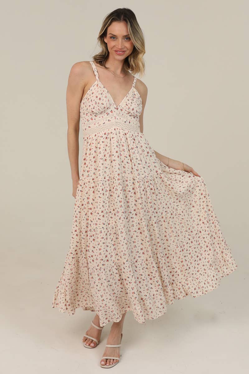 Ditsy Floral Lace-Trim V-Neck Maxi Dress