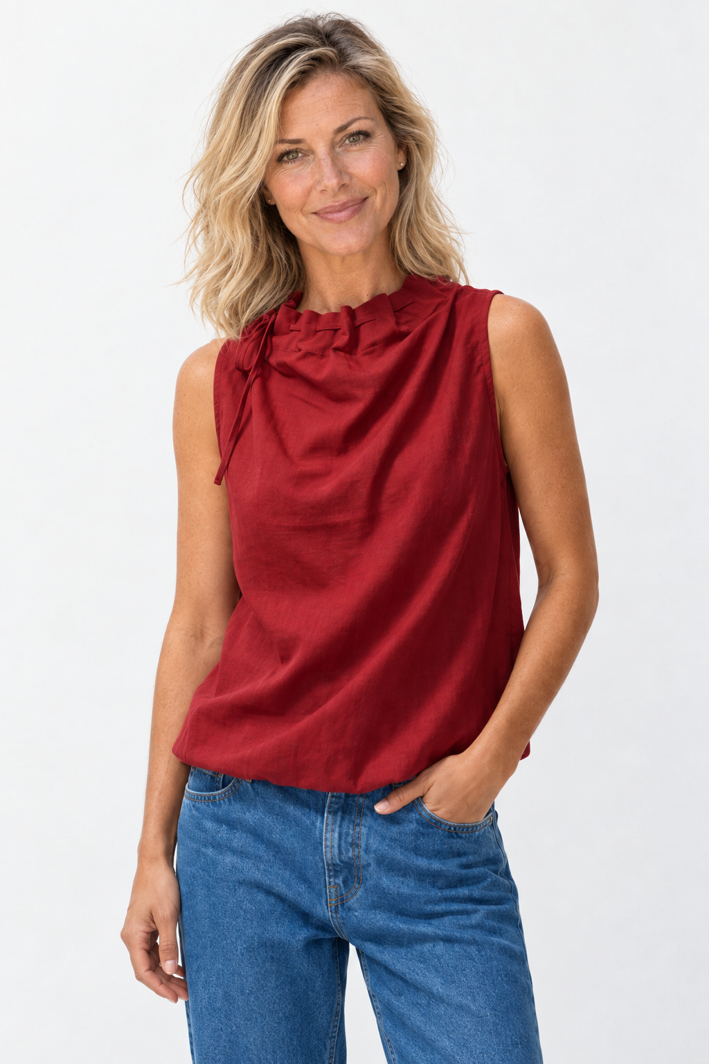 Cinched Mock Neck Sleeveless Top
