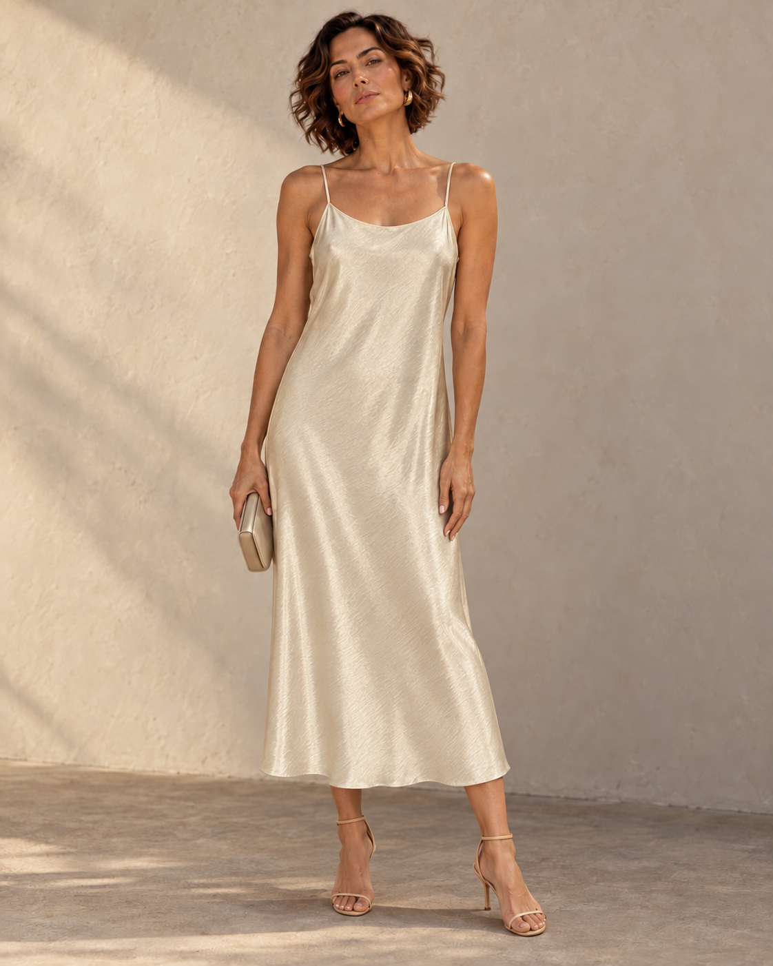 AI-styled image of Helen wearing the beige Maxi Slip Dress for evening